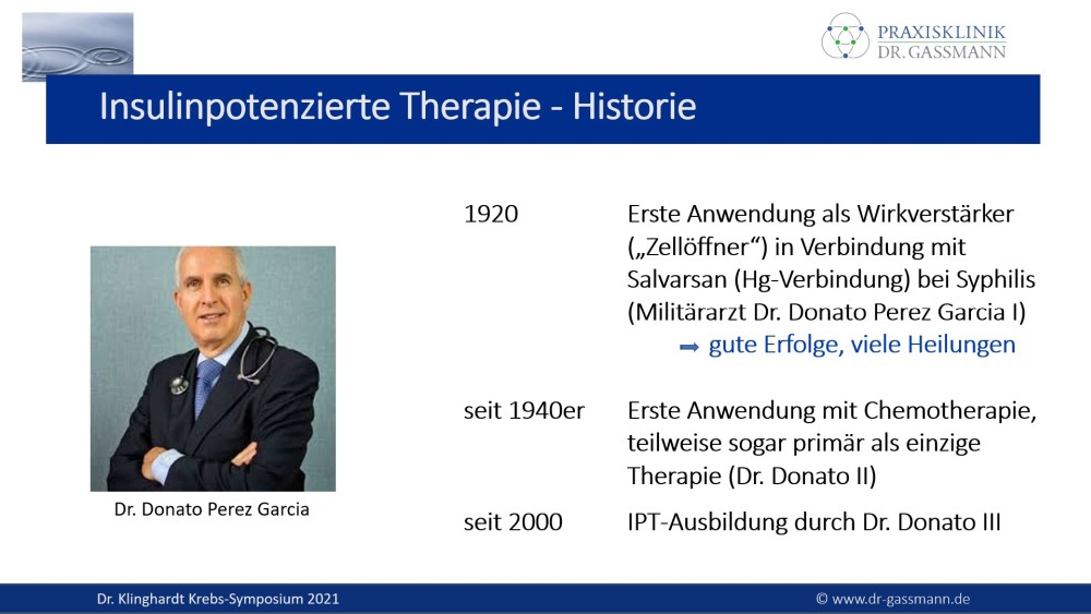 Geschichte der Insulinpotenzierten Therapie: Dr. Donato Perez Garcia; 1920 erste Anwendung als Wirkverstärker (
