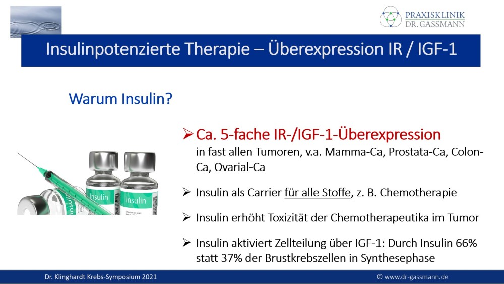 Insulinpotenzierte Therapie - Warum Insulin? ca. 5-fache IR-/IGF-1-Überexpression in fast allen Tumoren, v.a. Mamma-Ca, Prostata-Ca-Colon-Ca-, Ovarial-Ca; Insulin als Carrier für alle Stoffe, z.B. Chemotherapie; Insulin erhöht die Toxizität der Chemotherapeutika im Tumor, Insulin aktiviert Zellteilung über IFG-1; Durch Insulin 66% statt 37% der Brustkrebszellen in Synthesephase